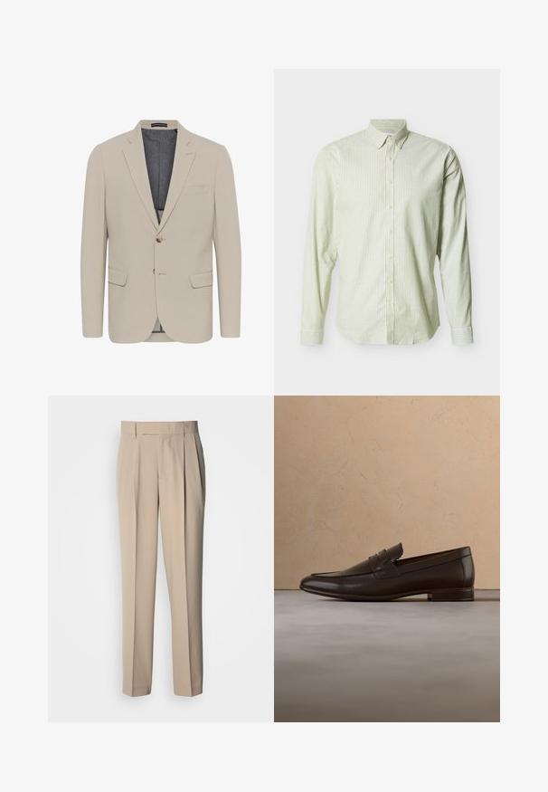 Beige Blazer mit glatter Textur, zwei Fronttaschen, einreihigem Design und einem Knopfverschluss; verfügt über ein kontrastierendes Innenfutter.; Langärmliges Hemd mit Knöpfen, hellgrünen und weißen vertikalen Streifen und einem mit Knöpfen versehenen Kragen vor einem schlichten Hintergrund.; Beige, hoch taillierte, plissierte Hose mit geradem Schnitt, glatter Textur und ohne sichtbare Verzierungen oder Muster.; Dunkelbrauner Lederloafer schwebt über einem beigen Teppich mit einem gebogenen, beigen Sofa im Hintergrund.
