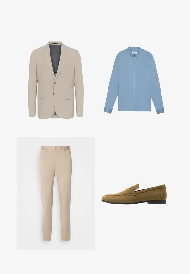 Beige blazer met een soepele textuur, twee voorzakken, een eenknops ontwerp en sluiting met één knoop; heeft een contrasterende binnenvoering.; Lichtblauw overhemd met lange mouwen en een button-down kraag, een slank ontwerp, en een geborduurd logo op de borst. Voorzien van metalen knopen.; Beige broek van een gladde stof, met een knoopsluiting, rechte snit en gestikte zoomdetails. Eenvoudig ontwerp zonder patronen.; Lichtbruine suède herenloafer met een lage zwarte hak en een riemdetail over de wreef, zijaanzicht op een witte achtergrond.