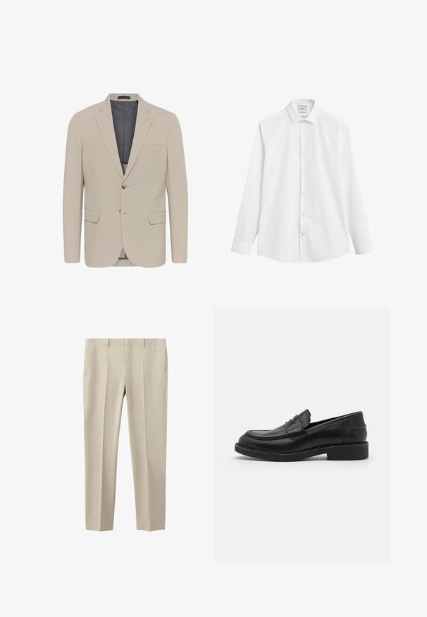 Beige sako s hladkým povrchom, dvoma prednými vreckami, jednostranným zapínaním a jedným gombíkom; obsahuje kontrastnú podšívku.; Biely štíhly dress shirt s golierom na gombíky, dlhým rukávom a hladkou textúrou. Obsahuje radu gombíkov a minimálne označenie značky.; Béžové na mieru ušité nohavice s pútkami na opasok, bočnými vreckami a prednými záhybmi, navrhnuté pre priliehavý strih.; Čierne kožené mokasíny s okrúhlou špičkou, tonálnym prešívaním a pásom detailu vpredu. Gumená podrážka s nízkym opätkom.