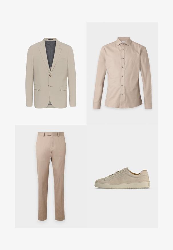 Beige sako s hladkým povrchom, dvoma prednými vreckami, jednostranným zapínaním a jedným gombíkom; obsahuje kontrastnú podšívku.; Béžová košeľa s dlhým rukávom a gombíkmi, so špicatým golierom, zobrazená na bielej ploche.; Bežové nohavice strihané na mieru so rovnými nohavicami, plochým predkom a pútkami na opasok, vyrobené z hladkej tkaniny. Žiadne viditeľné vzory ani akcenty.; Béžová semišová nízka teniska so zaväzovaním na šnúrky a hrubou gumovou podrážkou, zobrazená z boku na bielom pozadí.