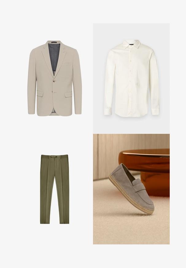 Beige blazer met een soepele textuur, twee voorzakken, een eenknops ontwerp en sluiting met één knoop; heeft een contrasterende binnenvoering.; Wit overhemd met lange mouwen, gemaakt van katoen. Voorzien van een spitse kraag, knoopsluiting aan de voorkant en een subtiel geborduurd logo op de borst.; Khaki dresspants met een gladde textuur, rechte fit en een voorste ritssluiting. Kenmerkt zich door een subtiele groene accent bij de tailleband.; Lichtgrijze suède loafer met gevlochten jutezool, getoond leunend op een beige tapijt met een glanzende bruine tafel op de achtergrond.