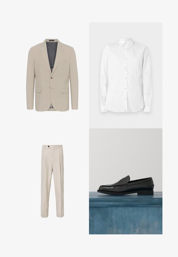 Beige blazer met een soepele textuur, twee voorzakken, een eenknops ontwerp en sluiting met één knoop; heeft een contrasterende binnenvoering.; Witte blouse met lange mouwen en knopen, gemaakt van katoen. Heeft een puntige kraag en een klein geborduurd logo op de borst. Gladde textuur.; Beige op maat gemaakte broek met een recht model, voorzien van voorplooien, een knoopsluiting en een gladde stofstructuur.; Zwarte leren loafers met een strak ontwerp, voorzien van een gestikte neus en een gladde afwerking. De schoen heeft een lage hak en minimale details.