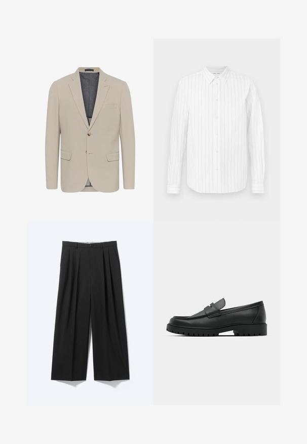 Beige blazer met een soepele textuur, twee voorzakken, een eenknops ontwerp en sluiting met één knoop; heeft een contrasterende binnenvoering.; Witte lange mouwen overhemden met verticale grijze strepen, met een button-down kraag, knopen aan de voorkant en manchetten. Glad stof heeft een gladde textuur.; Zwarte wijde broek met voorplooien, riemlussen en knoopsluiting, weergegeven op een effen lichte achtergrond.; Zwarte leren instappers met een ronde neus, voorzien van een gestikt ontwerp, een lage platformzool en een gestructureerde, grof rubberen buitenzool.