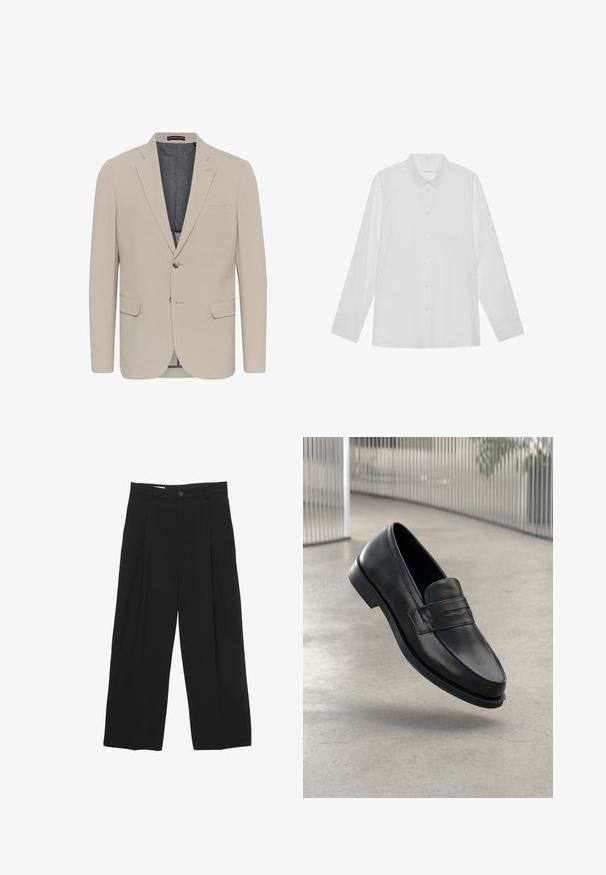 Beige Blazer mit glatter Textur, zwei Fronttaschen, einreihigem Design und einem Knopfverschluss; verfügt über ein kontrastierendes Innenfutter.; Weiße Langarmbluse aus glattem Stoff, mit spitzem Kragen, Knopfleiste vorne und Ein-Knopf-Manschetten.; Schwarze weit geschnittene Hose aus glattem Stoff, mit flachem Taillenbund, vorderen Falten und einer einzigen Knopfverschlus.; Schwarzer Lederloafer mit glatter Textur, spitzer Zehe und einem dekorativen Riemen über dem Rist. Leichte Sohle, minimalistisches Design.