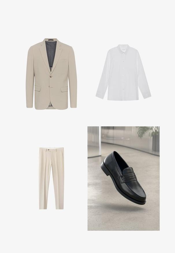 Blazer de color beige con una textura suave, dos bolsillos frontales, diseño de un solo boton y cierre con un botón; presenta un forro interior en contraste.; Camisa blanca de manga larga hecha de tela suave, con cuello puntiagudo, cierre frontal de botones y puños de un solo botón.; Pantalones beige confeccionados a medida con trabillas para cinturón, cierre delantero con botones, bolsillos laterales y diseño ajustado.; Mocasín de cuero negro con textura suave, punta puntiaguda y una correa decorativa a lo largo del empeine. Suela ligera, diseño minimalista.