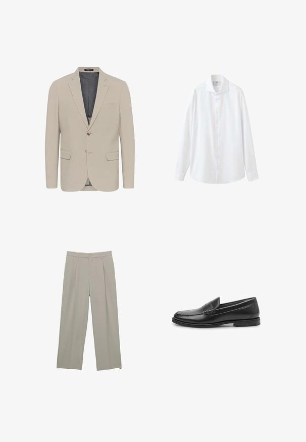 Beige Blazer mit glatter Textur, zwei Fronttaschen, einreihigem Design und einem Knopfverschluss; verfügt über ein kontrastierendes Innenfutter.; Weißes Langarmhemd mit Knöpfen, spitzem Kragen und Manschetten, auf weißem Hintergrund dargestellt.; Hellgraue weit geschnittene Hosen mit glatter Textur, mit vorderen Falten, Knopfverschluss und seitlichen Taschen.; Schwarzer Lederloafer mit glatter Oberfläche, genähter Detailverarbeitung und abgerundetem Zehenbereich. Flache Sohle mit minimalem Profil und klassischem Design.