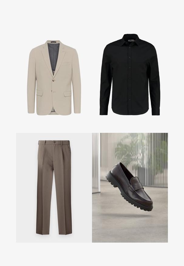 Beige Blazer mit glatter Textur, zwei Fronttaschen, einreihigem Design und einem Knopfverschluss; verfügt über ein kontrastierendes Innenfutter.; Schwarzes Langarmhemd aus glattem Stoff, mit Knopfleiste, spitzem Kragen und taillierter Passform mit abgerundetem Saum.; Braune maßgeschneiderte Hose mit Falten, mit Knopfverschluss, Gürtelschlaufen und einer glatten, gewebten Textur. Klassisches Design mit geradem Bein.; Brauner Leder-Schlupfschuh mit abgerundetem Zehenbereich und einer robusten schwarzen Gummisohle. Verfügt über einen dekorativen Riemen über dem Spann.