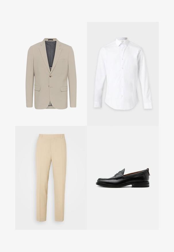 Beige blazer met een soepele textuur, twee voorzakken, een eenknops ontwerp en sluiting met één knoop; heeft een contrasterende binnenvoering.; Wit overhemd met lange mouwen en knopen, met een klassieke kraag, weergegeven tegen een effen lichte achtergrond.; Beige op maat gemaakte broek met een recht gesneden ontwerp, gemaakt van lichtgewicht stof, met twee voorzakken en nette, geplooide vouwen.; Zwarte leren herensloffen met moc toe stiksel, pennyriem, gestructureerde kraag en lage gestapelde hak op witte achtergrond.