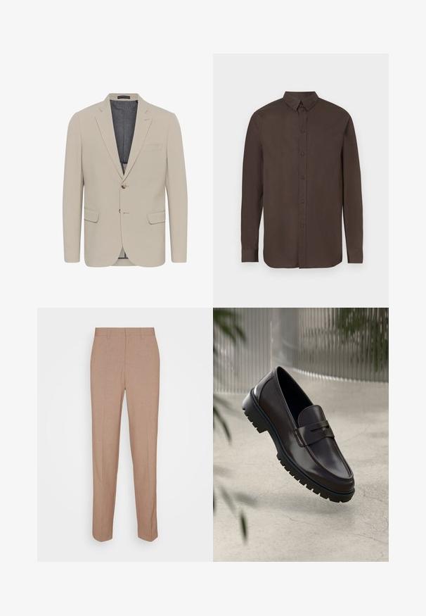 Beige blazer met een soepele textuur, twee voorzakken, een eenknops ontwerp en sluiting met één knoop; heeft een contrasterende binnenvoering.; Bruine overhemd met lange mouwen en knopen, voorzien van een kraag, met een gladde textuur en gelijkmatig verdeelde knopen aan de voorkant.; Beige, op maat gemaakte broek van een gladde, gestructureerde stof. Rechte pasvorm met een tailleband en zonder zichtbare versieringen of zakken.; Bruine leren loafers met een getextureerde, geribbelde rubberen zool. Beschikt over een slank ontwerp en een decoratieve band over de wreef.