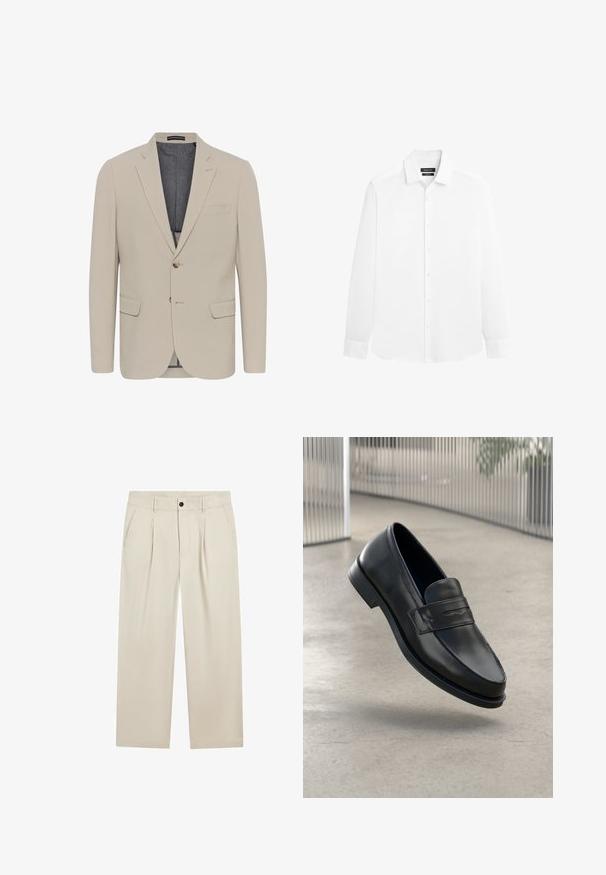 Beige blazer met een soepele textuur, twee voorzakken, een eenknops ontwerp en sluiting met één knoop; heeft een contrasterende binnenvoering.; Witte overhemd met lange mouwen, kraag en knopen aan de voorkant, getoond op een witte achtergrond.; Beige wijde broek met plooien aan de voorkant, zijzakken, riemlussen en een zwarte knoopsluiting op de tailleband.; Zwarte leren loafer met een gladde textuur, spitse neus en een decoratieve band over de wreef. Lichtgewicht zool, minimalistisch ontwerp.