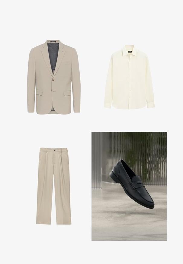 Beige blazer met een soepele textuur, twee voorzakken, een eenknops ontwerp en sluiting met één knoop; heeft een contrasterende binnenvoering.; Overhemd met lange mouwen in crèmekleur, met knopen aan de voorkant en een klassieke kraag, afgebeeld tegen een witte achtergrond.; Beige broek met een rechte snit, voorzien van een enkele zwarte knoop, riemlussen en zijzakken. Glad stoffen textuur en een minimalistisch ontwerp.; Zwarte leren loafer met een gladde afwerking, puntige neus en gestikte details over de wreef. Lage hak en minimalistisch ontwerp.