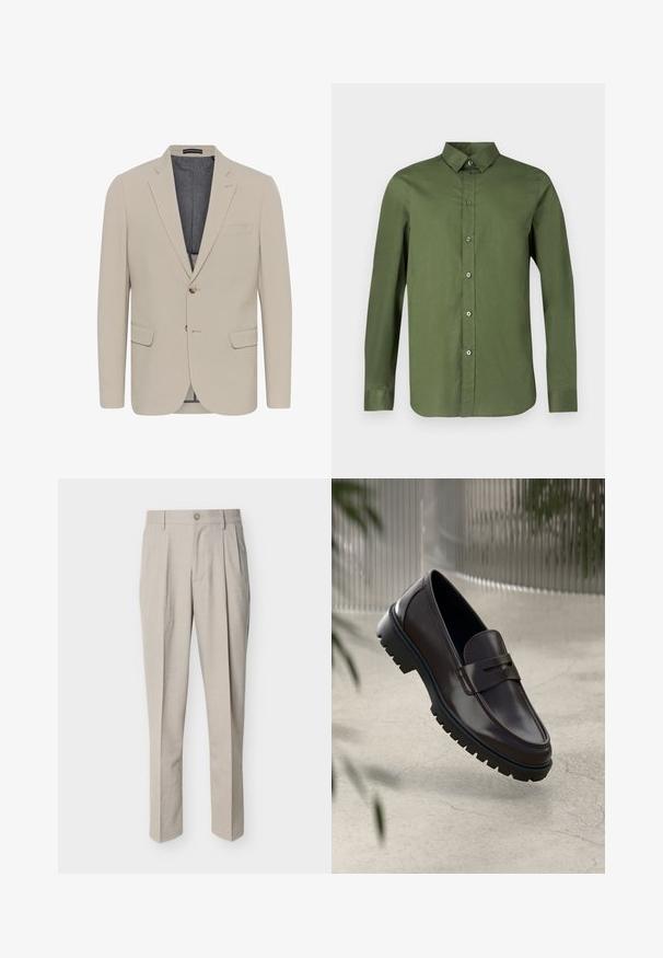Beige blazer met een soepele textuur, twee voorzakken, een eenknops ontwerp en sluiting met één knoop; heeft een contrasterende binnenvoering.; Langarmshirt in olijfgroen, gemaakt van gladde stof, met een knoopsluiting aan de voorkant en een spitse kraag met bijpassende knopen.; Beige op maat gemaakte herenkleding met voorplooien, riemlussen, een knoopsluiting en een rechte pijp, afgebeeld tegen een witte achtergrond.; Bruine leren loafers met een getextureerde, geribbelde rubberen zool. Beschikt over een slank ontwerp en een decoratieve band over de wreef.