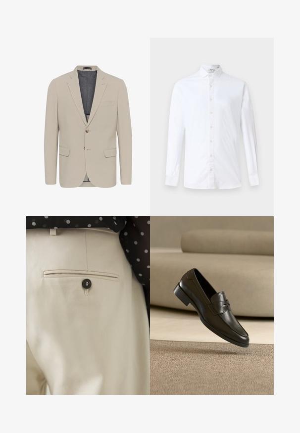 Beige blazer met een soepele textuur, twee voorzakken, een eenknops ontwerp en sluiting met één knoop; heeft een contrasterende binnenvoering.; Witte lange mouwen overhemd met knoopsluiting van katoen, met een klassieke kraag, rechte snit en een zachte textuur met bijpassende knopen.; Beige broek met een gestructureerde stof en een achterzak, gesloten met een zwarte knoop. Subtiele stikselaccenten langs de zak.; Zwarte leren loafer zwevend boven een beige tapijt met een beige bank op de achtergrond, met een klassiek mannenmodel instapontwerp.