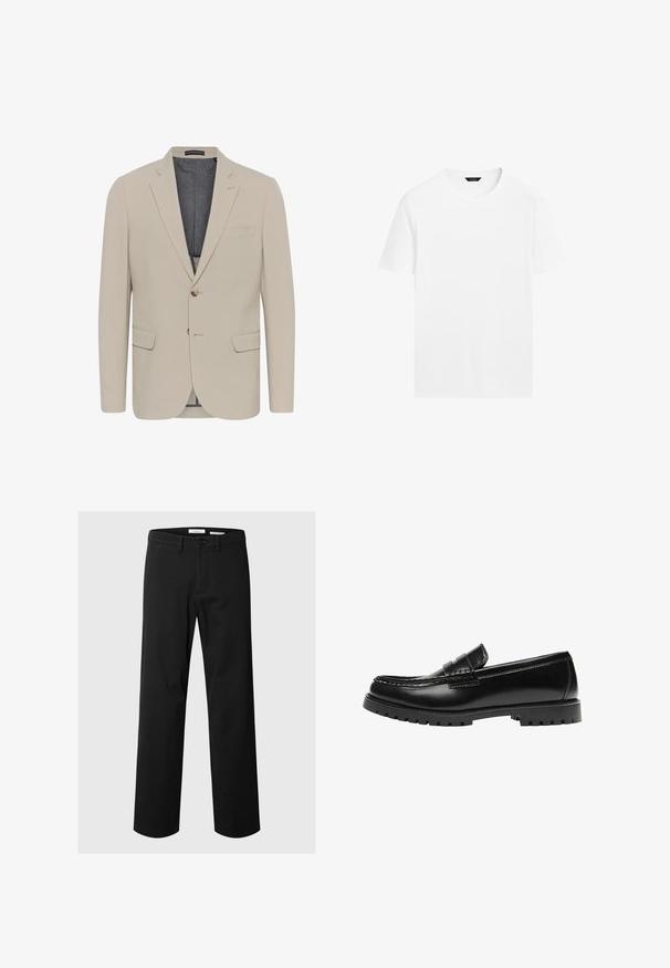 Beige Blazer mit glatter Textur, zwei Fronttaschen, einreihigem Design und einem Knopfverschluss; verfügt über ein kontrastierendes Innenfutter.; Weißes Baumwoll-T-Shirt mit rundem Hals, kurzen Ärmeln und geradem Schnitt. Es hat eine glatte, leichte Textur und keine sichtbaren Muster.; Schwarze gerade geschnittene Hose mit Knopf- und Reißverschluss, Gürtelschlaufen und vorderen Taschen auf einfarbigem Hintergrund.; Schwarzer Leder-Slipper mit dicker Gummisohle und klassischem Penny-Detail an der Riemen, von der Außenseite gezeigt.