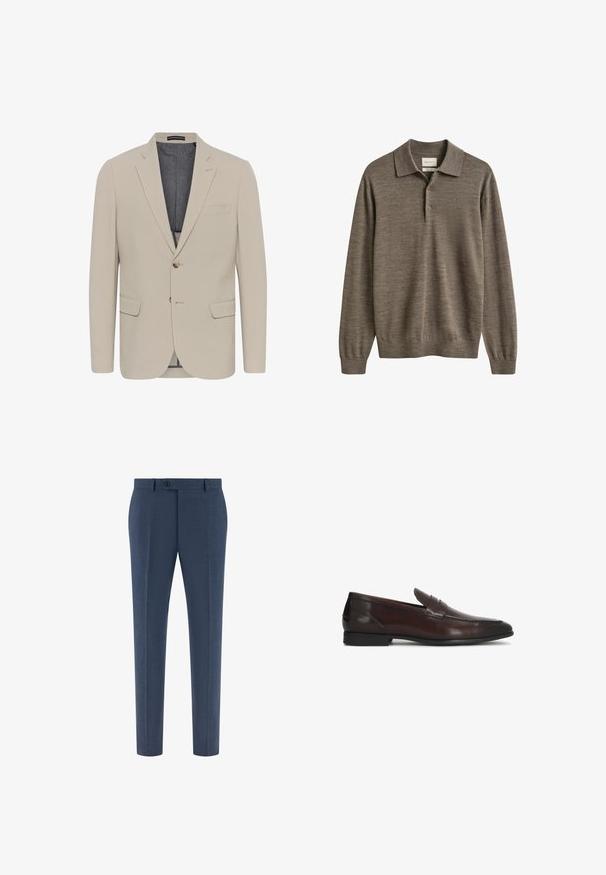 Beige blazer met een soepele textuur, twee voorzakken, een eenknops ontwerp en sluiting met één knoop; heeft een contrasterende binnenvoering.; Bruine polo-trui met lange mouwen, kraag en twee knopen, gemaakt van een zachte gebreide stof.; Marineblauwe, op maat gemaakte pantalon met een knoop- en ritssluiting, riemlussen en een plooi aan de voorkant van elke broekspijp.; Donkerbruine leren penny loafer met lage hak en afgeronde neus, klassiek instapmodel, zijaanzicht op witte achtergrond.