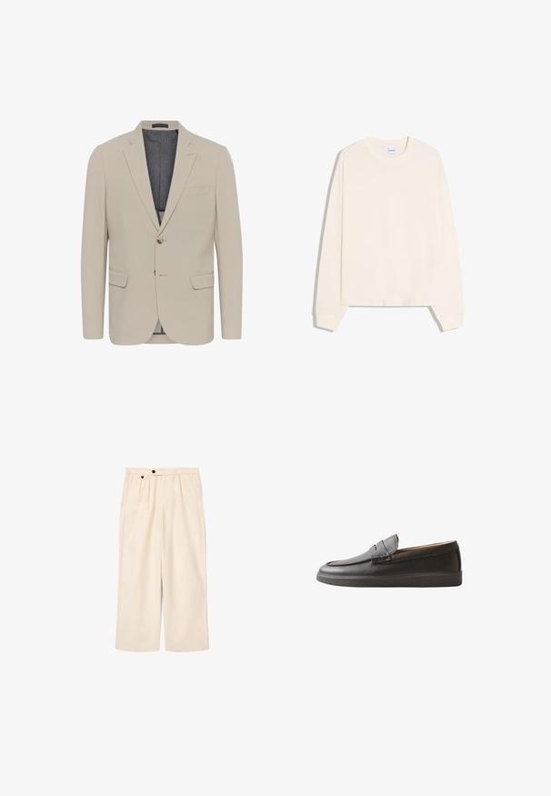 Beige blazer met een soepele textuur, twee voorzakken, een eenknops ontwerp en sluiting met één knoop; heeft een contrasterende binnenvoering.; Crèmekleurige sweater met lange mouwen, een ronde halslijn, geribbelde manchetten en een licht gecropte zoom. Gemaakt van zacht katoenmateriaal.; Beige wijde broek van gladde stof, met twee plooien aan de voorkant, zijzakken en zwarte knoopsluiting in de taille.; Zwarte leren instapper met gestructureerde afwerking en lage rubberen zool, zijaanzicht op witte achtergrond.