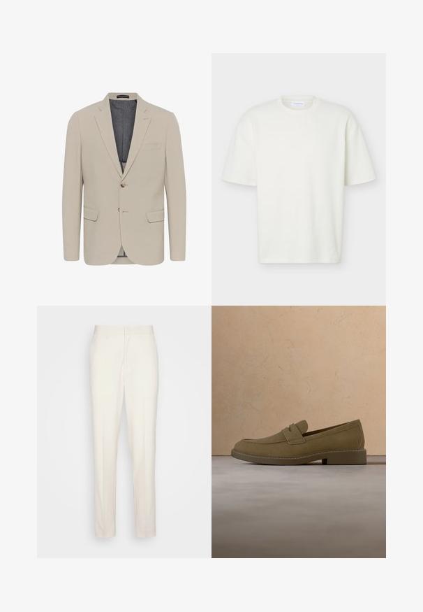Blazer de color beige con una textura suave, dos bolsillos frontales, diseño de un solo boton y cierre con un botón; presenta un forro interior en contraste.; Camiseta blanca de manga corta con textura, cuello redondo, ajuste regular y una pequeña etiqueta de marca dentro del cuello.; Pantalones ajustados de color crema con corte recto, hechos de una tela texturizada. Presentan pasadores para cinturón y cierre frontal con cremallera.; Zapato mocasín de ante marrón flotando sobre una alfombra beige texturizada en una sala de estar con una mesa de café de madera y libros apilados.