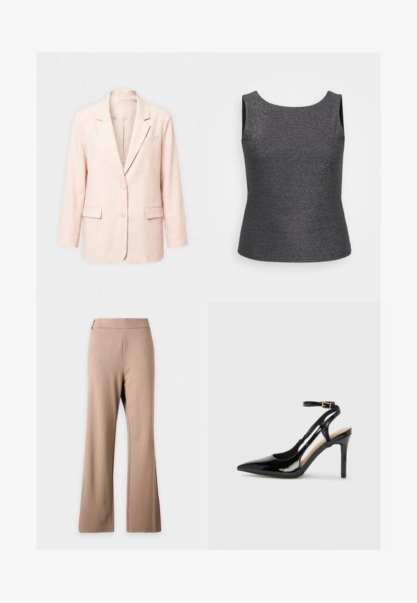 Veste simple boutonnage rose pâle avec revers crantés, deux boutons, deux poches avant à rabat, et une poche poitrine, présentée sur un fond uni.; Débardeur sans manches en gris foncé avec un éclat métallique, doté d'un col rond et d'une coupe ajustée, fabriqué à partir d'un tissu texturé.; Pantalon beige à jambes larges avec une taille haute, une couture visible au centre et une texture de tissu lisse et sans décoration.; Escarpin en cuir verni noir à talon haut, avec un bout pointu, une bride réglable à la cheville et des côtés ouverts. Texture lisse.