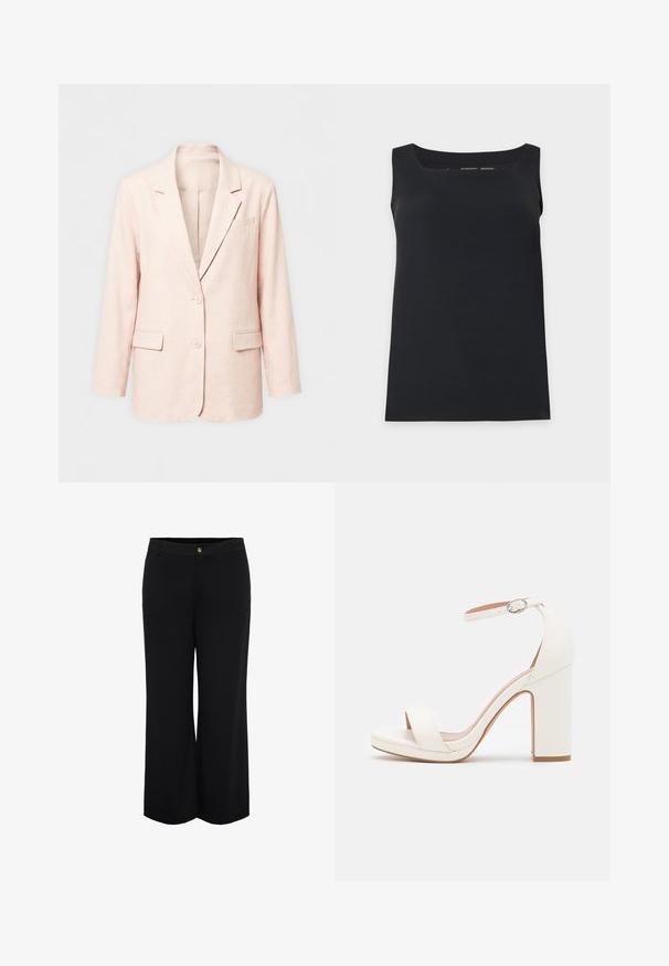 Veste simple boutonnage rose pâle avec revers crantés, deux boutons, deux poches avant à rabat, et une poche poitrine, présentée sur un fond uni.; Débardeur noir sans manches avec un col carré, présenté sur un fond clair uni.; Pantalon noir à jambes larges avec bouton sur le devant et passants pour ceinture, conçu pour une coupe ample et confortable.; Sandale à talon haut blanche avec une bride de cheville, design minimaliste, bout ouvert, talon carré et texture en cuir lisse.