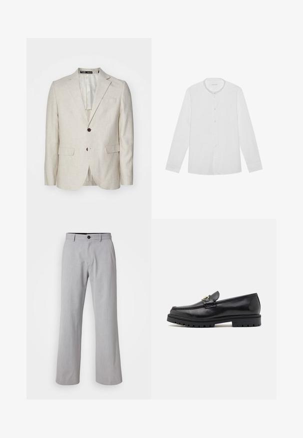 Lichtbeige linnen blazer met een twee-knoops sluiting, getailleerde revers, twee voorzakken en een enkele achteropening. Regular fit ontwerp.; Witte lange mouwknop-shirt met een mandarin kraag en een enkele borstzak, plat gelegd op een effen achtergrond.; Lichtgrijze wijde broek van een gestructureerde stof. Kenmerken zijn een tailleband met riemlussen, een knoopsluiting aan de voorkant en twee zijzakken.; Zwarte leren instappers met een zachte afwerking, ronde neus, een decoratieve band met gouden hardware en een robuuste zwarte zool.