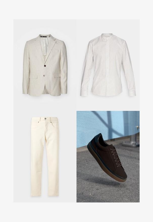 Lys beige linned blazer med en to-knaps lukning, notched revers, to forlommer og en enkelt rygventilation. Regular fit design.; Langærmet skjorte i et lysebeige og hvidt lodret stribet mønster. Den har en ståkrave og knaplukning med matchende manchetter.; Straight-leg off-white jeans med forlommer, bæltestropper og lukning med metal-knap.; Brune sneakers med en glat ruskinds overdel, rund tå og sorte læderdetaljer. Har brune snørebånd, gummisål og subtile perforeringer.