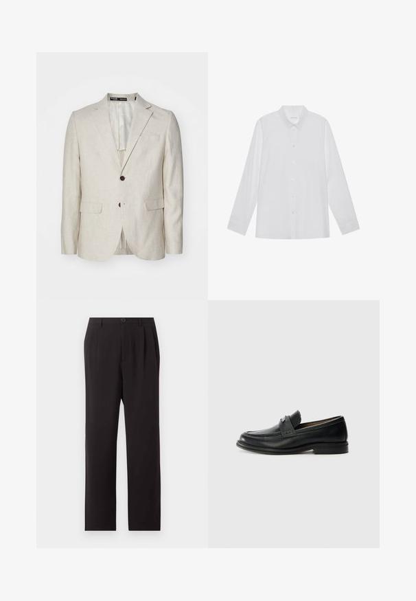 Lichtbeige linnen blazer met een twee-knoops sluiting, getailleerde revers, twee voorzakken en een enkele achteropening. Regular fit ontwerp.; Witte blouse met lange mouwen van soepel stof, met een puntige kraag, voorkant met knoopsluiting en manchetten met één knoop.; Zwarte hooggetailleerde, op maat gemaakte broek met plooien, knoopsluiting, ceintuurlussen en rechte pijpen op een effen lichte achtergrond.; Zwarte lederen instappers met een gladde afwerking, voorzien van een gestructureerde bovenband, lage hak en minimale stiksel-details.