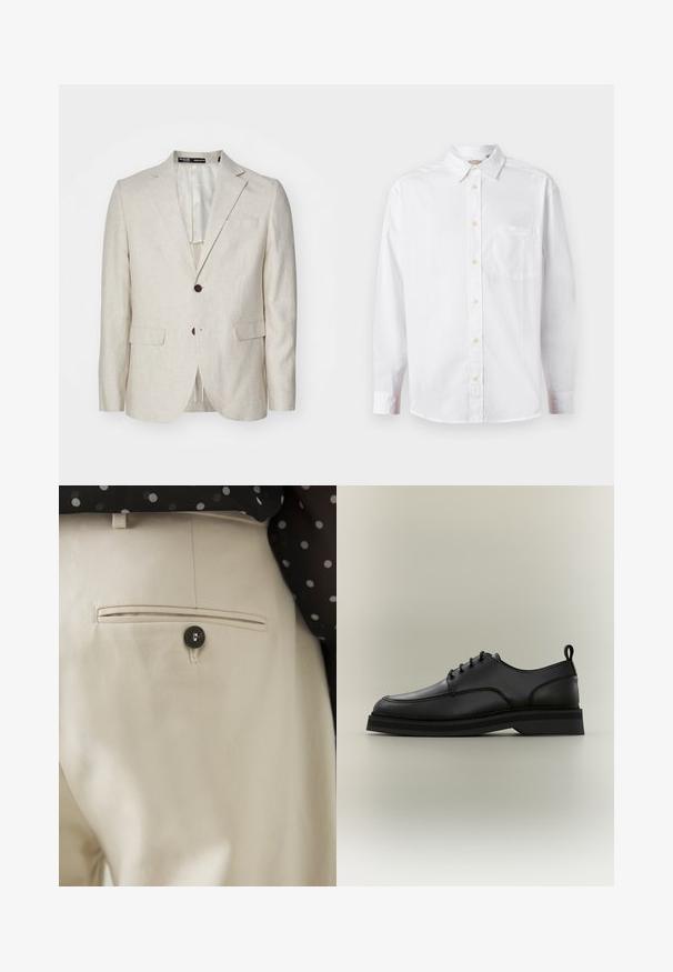 Lichtbeige linnen blazer met een twee-knoops sluiting, getailleerde revers, twee voorzakken en een enkele achteropening. Regular fit ontwerp.; Witte lange mouwen knoop-overhemd met een kraag en borstzak, weergegeven op een effen lichte achtergrond.; Beige broek met een gestructureerde stof en een achterzak, gesloten met een zwarte knoop. Subtiele stikselaccenten langs de zak.; Zwarte leren veterschoenen met dikke zool en een treklipje op de hiel, weergegeven in zijaanzicht op een neutrale achtergrond.