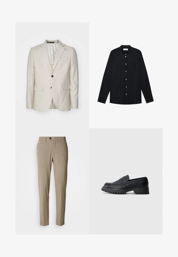 Lys beige linned blazer med en to-knaps lukning, notched revers, to forlommer og en enkelt rygventilation. Regular fit design.; Sort langærmet skjorte lavet af bomuld med en rund krave, frontknaplukning, enkelt brystlomme og manchetter ved ærmerne.; Beige skræddersyede bukser med flad front, sidelommer, bæltestropper og en enkelt sort knap lukning. Glat stoftekstur.; Sorte læder loafers med en rund tå, prydet med en dekorativ rem og en kraftig gummisål med dybe riller for grip.