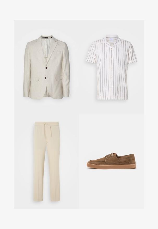 Lichtbeige linnen blazer met een twee-knoops sluiting, getailleerde revers, twee voorzakken en een enkele achteropening. Regular fit ontwerp.; Linnen overhemd met korte mouwen in lichtgrijze verticale strepen op een witte achtergrond, met een klassieke kraag en knoopsluiting aan de voorkant.; Beige, elastische broek met een trekkoord in de taille. Heeft rechte pijpen en een zachte textuur, geschikt voor casual wear of loungen.; Bruine suède casual schoenen met een laag profiel, veterontwerp en een tan rubberen zool. Heeft witte oogjes en gestikte details langs de randen.
