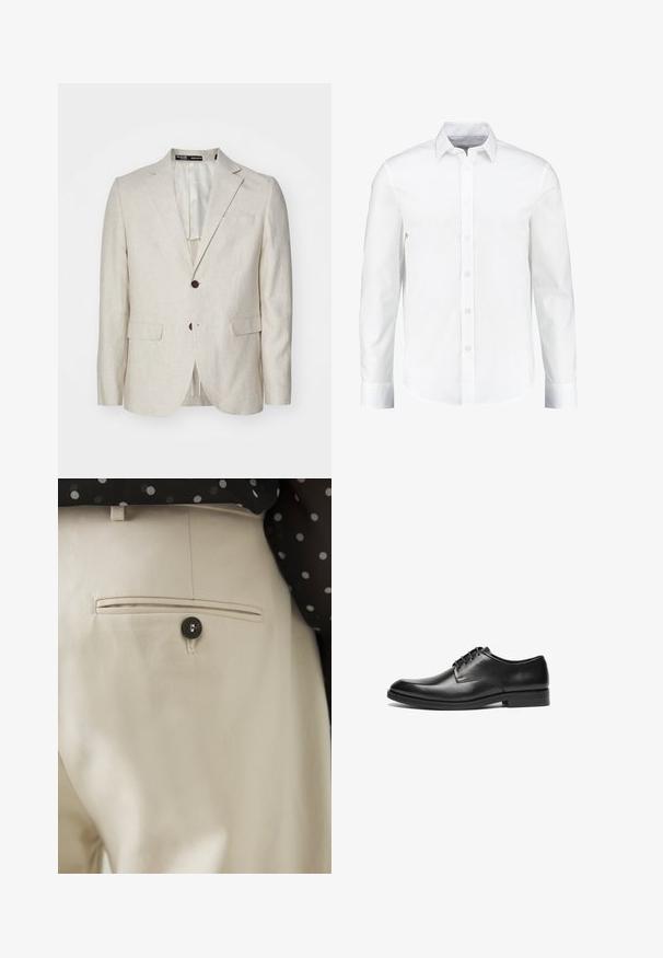 Svetlo béžový ľanový blazer s dvojitým zapínaním, klopovými goliermi, dvoma prednými vreckami a jedným zadným rozventilovaním. Dizajn v štandarde.; Biela dlhá košeľa s dlhým rukávom vyrobená z hladkej bavlny. Obsahuje klasický golier a zapínanie na gombíky so rovnými okrajmi.; Béžové nohavice s textúrovanou látkou, ktoré majú zadné vrecko uzatvárané čiernym gombíkom. Jemné švy zdobia okraje vrecka.; Čierne kožené šaty topánky s špicatou špičkou, hladkou textúrou, dizajnom na šnurovanie a nízkym, plochým podpätkom. Minimalistický štýl a elegantná silueta.