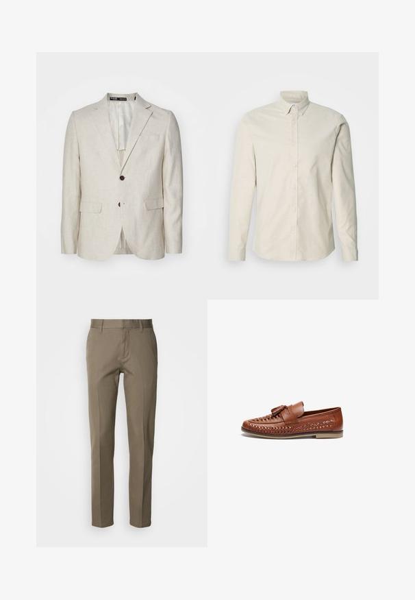 Lys beige linned blazer med en to-knaps lukning, notched revers, to forlommer og en enkelt rygventilation. Regular fit design.; Lysebeige langærmet skjorte med knapper, lavet af glat stof. Har en spids krave, knaplukning og en klassisk pasform.; Lysebrune bukser i et glat stof, med lige snit, lynlås foran og minimalistiske lommer. Ingen synlige mønstre eller detaljer.; Brune læder loafers med vævet detalje langs overdelen, en flad sål og en dekorativ kvast accent på forfoden.