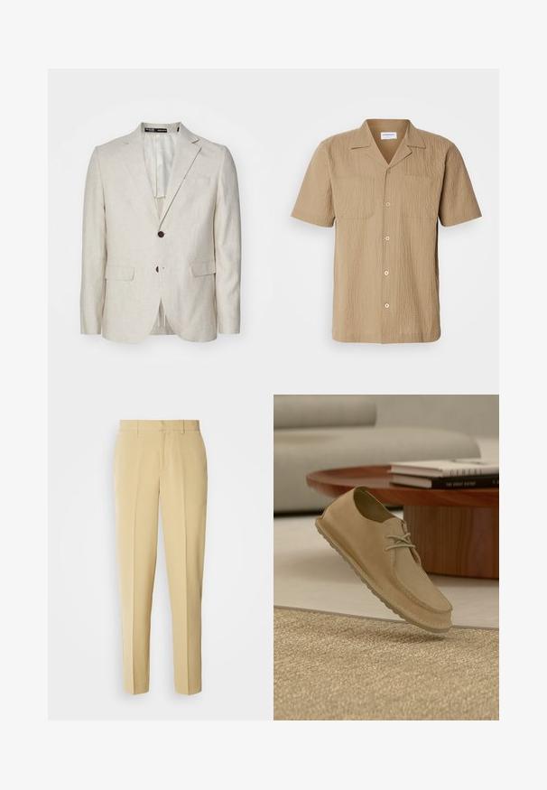 Helle beige Leinenblazer mit einer Zwei-Knopf-Verschluss, Reverskragen, zwei Vordertaschen und einem einzelnen Rückenschlitz. Reguläre Passform.; Kurzhülsiges, beiges Hemd aus strukturiertem Stoff. Verfügt über einen Kentkragen, zwei Vordertaschen und eine Knopfverschlüsse in lockerer Passform.; Beige maßgeschneiderte Hose mit geradem Schnitt, flachem Frontteil und seitlichen Taschen. Hergestellt aus einem glatten Stoff mit leichtem Glanz.; Beiger Wildleder-Casual-Schnürschuh schwebt über einem strukturierten Teppich in einem modernen Wohnzimmer mit einem Holzcouchtisch und Büchern.