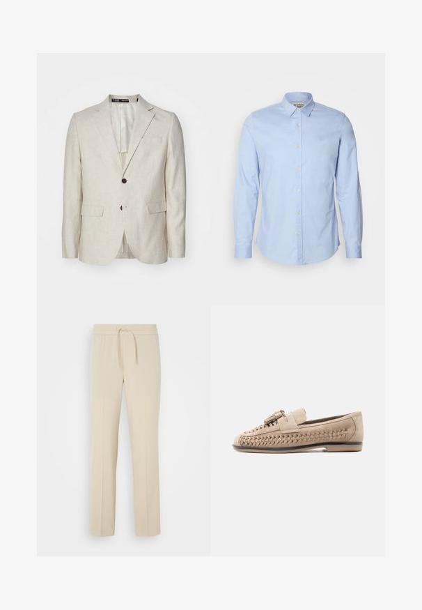Svetlo béžový ľanový blazer s dvojitým zapínaním, klopovými goliermi, dvoma prednými vreckami a jedným zadným rozventilovaním. Dizajn v štandarde.; Svetlomodrá košeľa s dlhým rukávom vyrobená z bavlny, s golierom na gombíky, prednými gombíkmi a jemným logom vyšitým na hrudi.; Béžové nohavice s elastickým pásom a šnúrkou na stiahnutie. Majú rovné nohy a hladkú textúru, ideálne na voľný čas alebo oddych.; Béžový semišový mokasín s tkaným bočným detailom, strapcom na vrchu, plochou podrážkou a nízkym podpätkom, zobrazený z profilu na bielom pozadí.