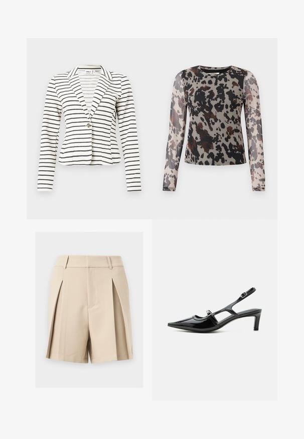 Blazer blanc à rayures horizontales noires, fermeture à un bouton, col à revers cranté et manches longues.; T-shirt à manches longues en tissu léger et transparent avec un motif léopard dans des tons terreux de noir, marron et beige. Encolure ronde.; Shorts beige taille haute, coupés sur mesure, avec passants de ceinture et plis avant, présentés sur un fond neutre.; Chaussure slingback en cuir verni noir à bout pointu, petit talon et deux brides réglables avec boucles, vue de profil latéral.