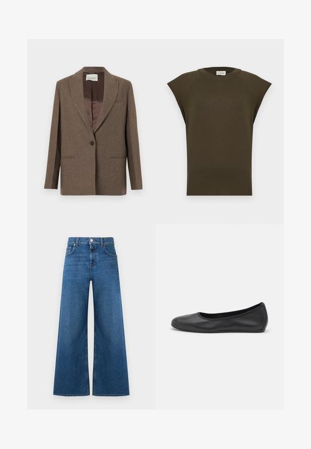 Veste en laine marron avec col cranté, fermeture à un bouton, deux poches avant, et doublure intérieure marron soyeuse. Design structuré.; Haut sans manches en maille vert olive foncé avec col rond et ourlet côtelé, présenté à plat sur un fond clair.; Jean en denim à jambes larges de couleur bleu moyen, fabriqué en tissu de coton résistant. Il présente une taille boutonnée, cinq poches et des ourlets droits.; Ballerines en cuir noir avec un bout rond, texture lisse, détails de couture minimalistes et design de semelle flexible.