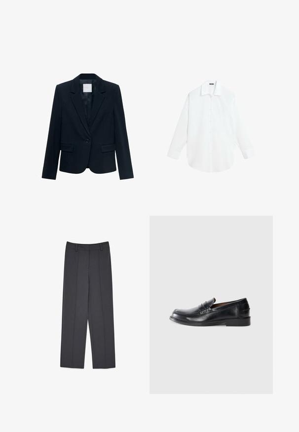 Marineblauwe op maat gemaakte blazer met lange mouwen, enkele zwarte knoopsluiting, notch-lapel kraag en twee voorste flapszakken.; Wit overhemd met lange mouwen en knopen, met klassieke kraag en manchetten, plat gelegen op een witte achtergrond.; Grijze op maat gemaakte broeken met een recht skinny ontwerp, voorzien van geplooide persvouwen, een gladde textuur en riemlussen. Geen zichtbare zakken.; Zwarte leren instappers met een ronde neus, gestikte details en een lage blokhak. Soepele textuur met een subtiele glans.