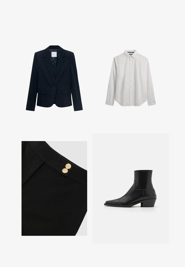 Marineblå skræddersyet blazer med langeærmer, enkelt sort knaplukning, spidse krave og to frontlommer med klap.; Langærmet hvid skjorte med knapper og button-down krave, vist på en hvid baggrund.; Sorte bukser har en glat tekstilfinish med en flad linning og to guldknapper, hvilket giver et slankt og minimalistisk design.; Sorte læder ankelstøvler med firkantet tå, mat finish og lav blokhæl. Har et glat, strømlinet design uden udsmykninger.