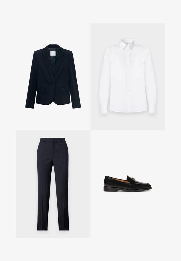 Marineblauwe op maat gemaakte blazer met lange mouwen, enkele zwarte knoopsluiting, notch-lapel kraag en twee voorste flapszakken.; Witte lange mouwen shirt van soepel stof, met een kraaglijn en een knoopsluiting met lichtroze knopen.; Marineblauwe, op maat gemaakte broek met een rechte snit, met een gladde textuur, twee zijzakken en een schone tailleband.; Zwarte leren instapper met een ronde neus, slanke silhouet en een decoratieve band met metalen accent op de wreef. Platte rubberen zool.