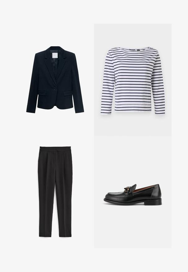 Marineblauwe op maat gemaakte blazer met lange mouwen, enkele zwarte knoopsluiting, notch-lapel kraag en twee voorste flapszakken.; Gestreepte lange mouwen top in wit en marineblauw, met een bootnek en een ontspannen pasvorm. Gemaakt van zacht katoen met gestikte zomen.; Zwarte broek met een getailleerde pasvorm, voorzien van een platte voorkant, twee zijzakken en een strakke, naadloze uitstraling. Gemaakt van een gladde, ademende stof.; Zwarte leren loafer met lage hak, afgeronde neus en decoratieve metalen gesp aan de voorkant.