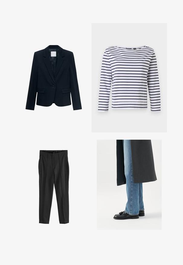 Marineblå skræddersyet blazer med langeærmer, enkelt sort knaplukning, spidse krave og to frontlommer med klap.; Stribet langærmet top i hvid og marineblå, med en bådudskæring og en afslappet pasform. Lavet af blødt bomuldsstof med syede kanter.; Sorte bukser med en glat tekstur, udstyret med lommer med lynlås foran og udtryksfulde folder. Minimalistisk design med en skræddersyet pasform.; Sorte læderloafer med kvaster, båret med lyseblå lige ben jeans, suppleres af en mørkegrå frakke. Rene linjer og struktureret stof.