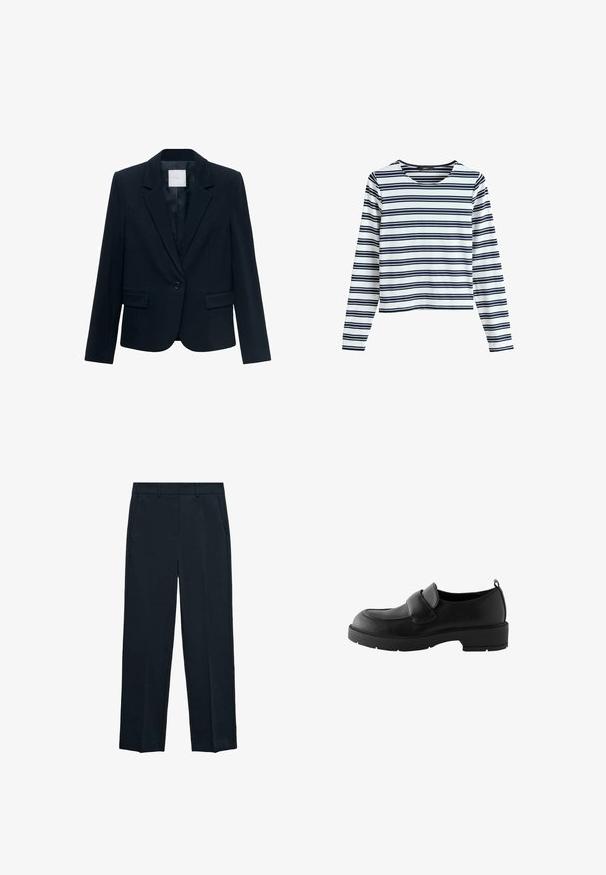 Marineblauwe op maat gemaakte blazer met lange mouwen, enkele zwarte knoopsluiting, notch-lapel kraag en twee voorste flapszakken.; Wit shirt met lange mouwen en horizontale marineblauwe strepen, met een ronde hals en een losse pasvorm. Gemaakt van zachte, rekbare stof.; Marineblauwe broek met een rechte pijp, een vlakke voorkant, twee zijzakken en een gladde textuur. Geen zichtbare patronen of accenten.; Zwarte leren loafers met een ronde neus, voorzien van een voorband en een rubberen zool met textuur voor grip. Inclusief een trekband aan de hiel.