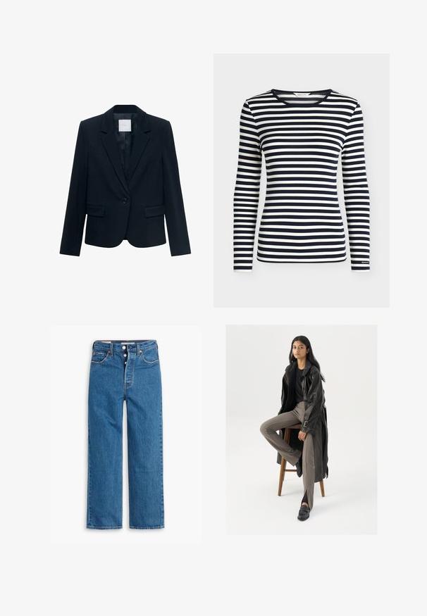 Marineblauwe op maat gemaakte blazer met lange mouwen, enkele zwarte knoopsluiting, notch-lapel kraag en twee voorste flapszakken.; Oversized shirt met lange mouwen met marineblauwe en witte horizontale strepen en een ronde hals, met het merk GANT op de mouwboord.; Blauwe denim jeans met rechte pijpen en hoge taille, vijf zakken en een knoopsluiting. Merkbare stiksels en koperen klinknagels.; Zwarte leren trenchcoat met knopen en riemdetails, gecombineerd met lichtbruine getailleerde broek en zwarte loafers, zittend op een houten kruk.