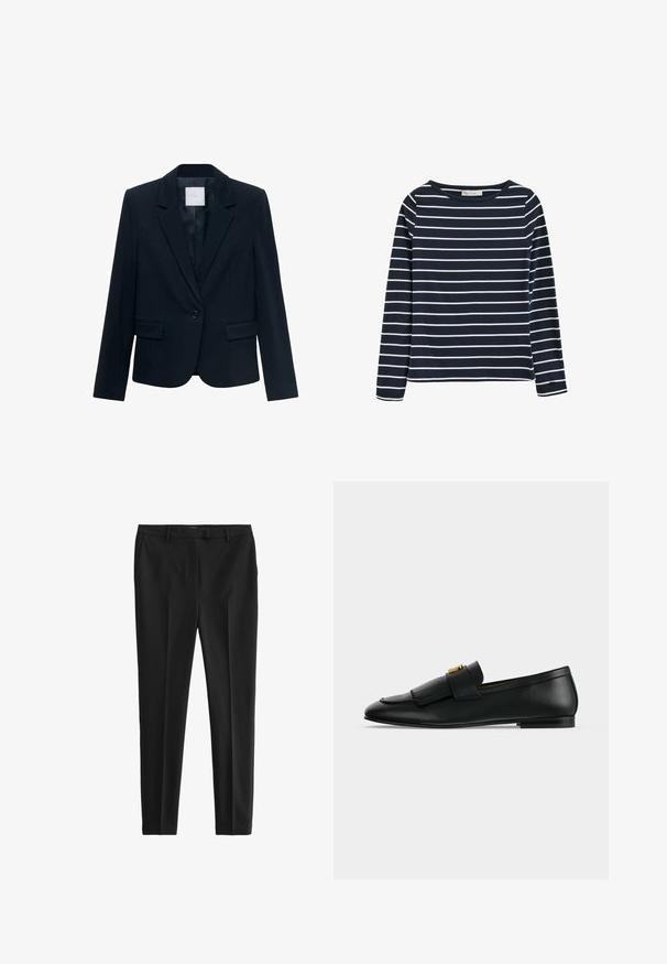 Marineblauwe op maat gemaakte blazer met lange mouwen, enkele zwarte knoopsluiting, notch-lapel kraag en twee voorste flapszakken.; Nachtblauw shirt met lange mouwen met witte horizontale strepen, een ronde hals en een klein logolabel op de linkermouw manchet.; Zwarte op maat gemaakte broek van soepel stof. Heeft een vlakke voorkant, zijzakken en een slim fit ontwerp. Schoon, minimalistisch stijl.; Zwarte leren loafer met een gefronste voorflap en een kleine gouden gesp op een effen lichtgrijze achtergrond.