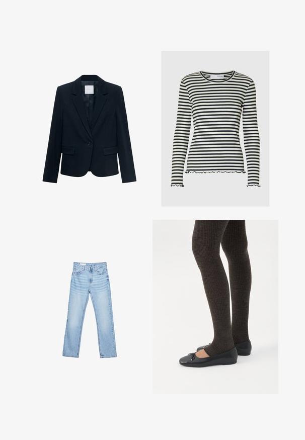 Marineblå skræddersyet blazer med langeærmer, enkelt sort knaplukning, spidse krave og to frontlommer med klap.; Langærmet ribbet top i sort og hvid vandret stribet design, med rund hals og rynkede kanter ved nederste kant og ærmer.; Lyseblå denimjeans med lige pasform, fem-lomme-design og synlig syning. Mellem-høj talje med klassisk knap- og lynlåslukning.; Ben iført mørke ribbede leggings kombineret med sorte balletsko med små sløjfedetaljer på hvid baggrund.