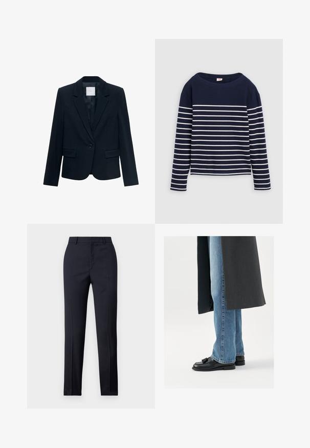 Marineblå skræddersyet blazer med langeærmer, enkelt sort knaplukning, spidse krave og to frontlommer med klap.; Levi's® MARIN STRIPE - Langærmet T-shirt - navy/egret; Marineblå skræddersyede bukser med lige snit, der har en glat tekstur, to frontlommer og en ren talje.; Sorte læderloafer med kvaster, båret med lyseblå lige ben jeans, suppleres af en mørkegrå frakke. Rene linjer og struktureret stof.