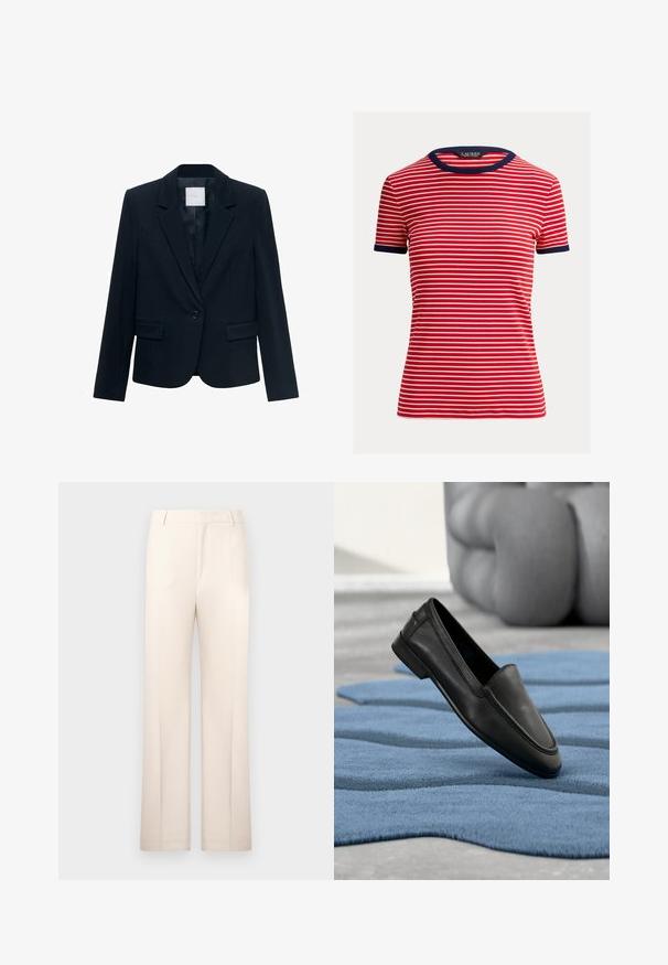 Marineblauwe op maat gemaakte blazer met lange mouwen, enkele zwarte knoopsluiting, notch-lapel kraag en twee voorste flapszakken.; Rood-wit gestreept T-shirt met korte mouwen, een marineblauwe ronde hals en mouwboorden, gemaakt van een zachte, lichtgewicht stof.; Beige pantalon met een rechte pijp, gemaakt van lichtgewicht stof. Bevat voorplooien en een klassieke tailleband.; Zwart leren instapschoen met een gladde afwerking, ronde neus en platte zool, geplaatst op een blauw gestructureerd tapijt met golfpatronen.