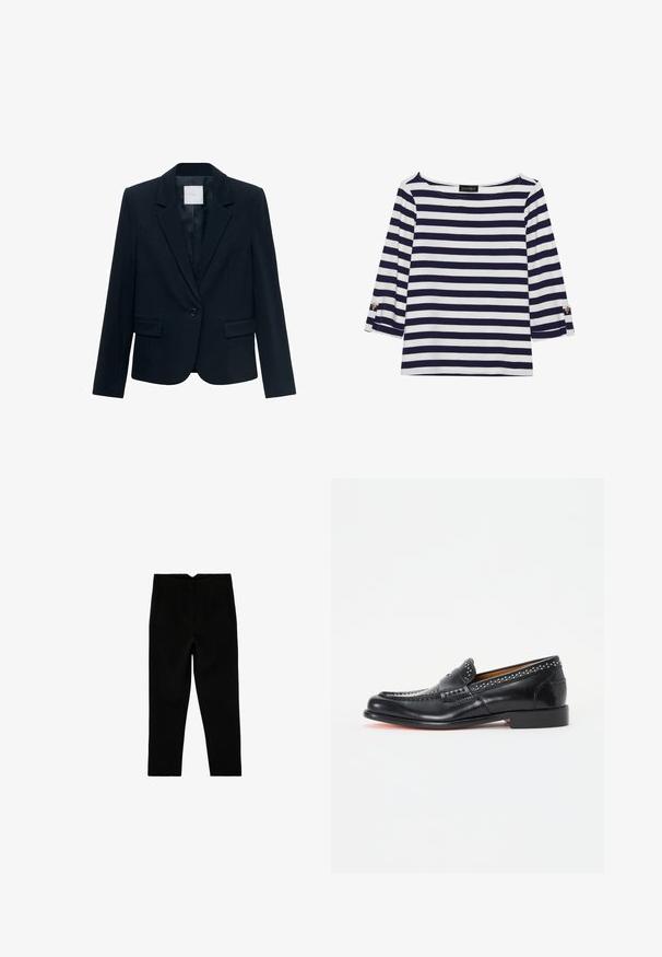 Marineblauwe op maat gemaakte blazer met lange mouwen, enkele zwarte knoopsluiting, notch-lapel kraag en twee voorste flapszakken.; Marineblauw en witte gestreepte longsleeve top met een bootnek en gouden knoopaccenten op de opgerolde mouwen. Zachte stof, relaxte pasvorm.; Zwarte op maat gemaakte broek tot aan de enkel met zijzakken en een licht taps toelopende pijp, plat liggend op een witte achtergrond.; Zwarte leren loafers met decoratieve studs, moccasin-stijl stiksels en een platte zool. Glad textuur, ronde neus, minimalistisch ontwerp.