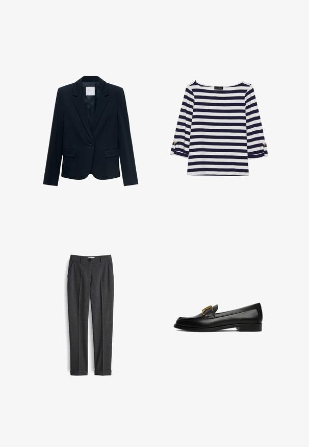 Marineblauwe op maat gemaakte blazer met lange mouwen, enkele zwarte knoopsluiting, notch-lapel kraag en twee voorste flapszakken.; Marineblauw en witte gestreepte longsleeve top met een bootnek en gouden knoopaccenten op de opgerolde mouwen. Zachte stof, relaxte pasvorm.; Grijze, gestructureerde broek met een tailored ontwerp, voorzien van voorplooien, ceintuurlussen en een enkele knoopsluiting bij de taille.; Zwarte leren loafer met lage hak en gouden metalen gespdetail aan de bovenzijde.