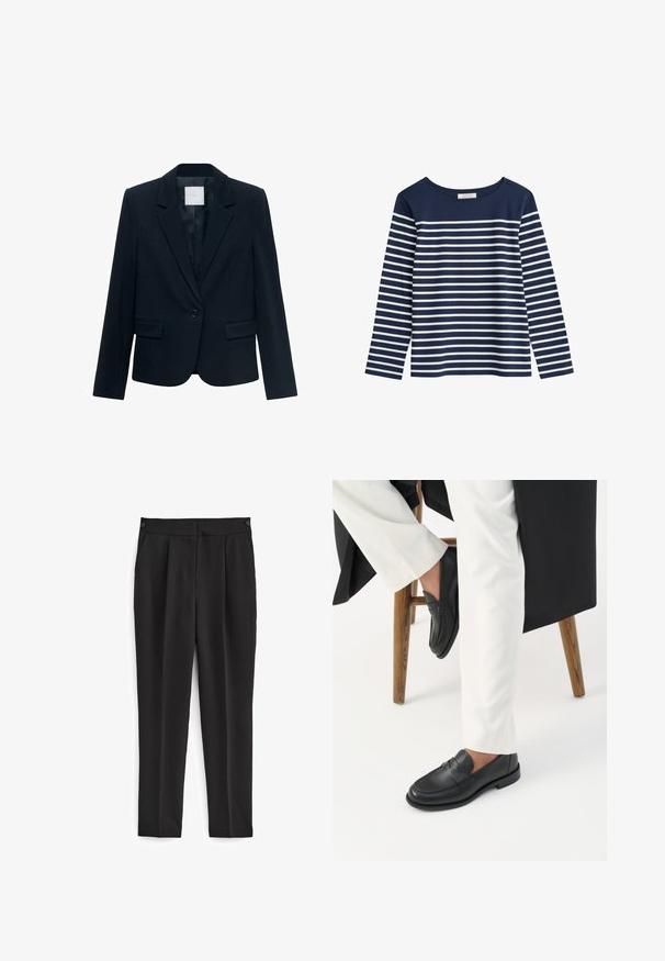 Marineblauwe op maat gemaakte blazer met lange mouwen, enkele zwarte knoopsluiting, notch-lapel kraag en twee voorste flapszakken.; Marineblauw longsleeve shirt met witte horizontale strepen. Ronde halslijn, zachte stof, losse pasvorm en geen zichtbare hardware of versieringen.; Zwarte broek met een getailleerde pasvorm, voorzien van een platte voorkant, twee zijzakken en een strakke, naadloze uitstraling. Gemaakt van een gladde, ademende stof.; Persoon die zwarte leren loafers en witte broek draagt, zittend op een houten kruk tegen een witte achtergrond.