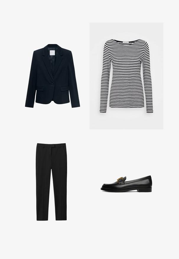 Marineblauwe op maat gemaakte blazer met lange mouwen, enkele zwarte knoopsluiting, notch-lapel kraag en twee voorste flapszakken.; Langemouwen, ronde hals T-shirt met een zwart-wit gestreept patroon. Gemaakt van zachte stof met een reguliere pasvorm. Schoon, minimalistisch ontwerp.; Zwarte broek met een op maat gemaakte ontwerp, vlakke voorkant, twee zijzakken en een rechte pijp. Gemaakt van gladde stof met een subtiele glans.; Zwarte leren loafer met lage hak en gouden metalen gespdetail aan de bovenzijde.